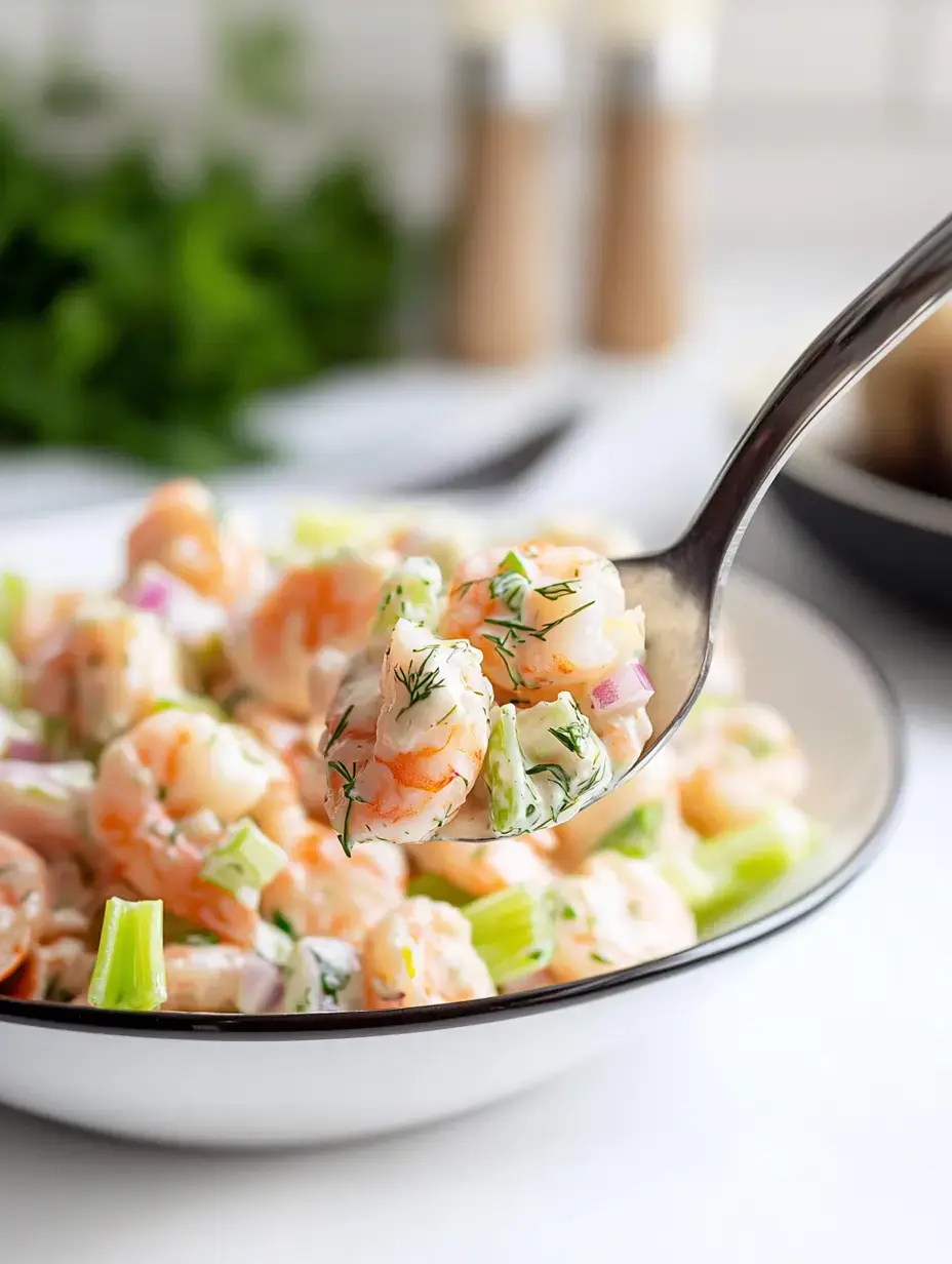 A spoonful of shrimp salad with celery, dill, and red onion is lifted from a white bowl, surrounded by fresh ingredients.