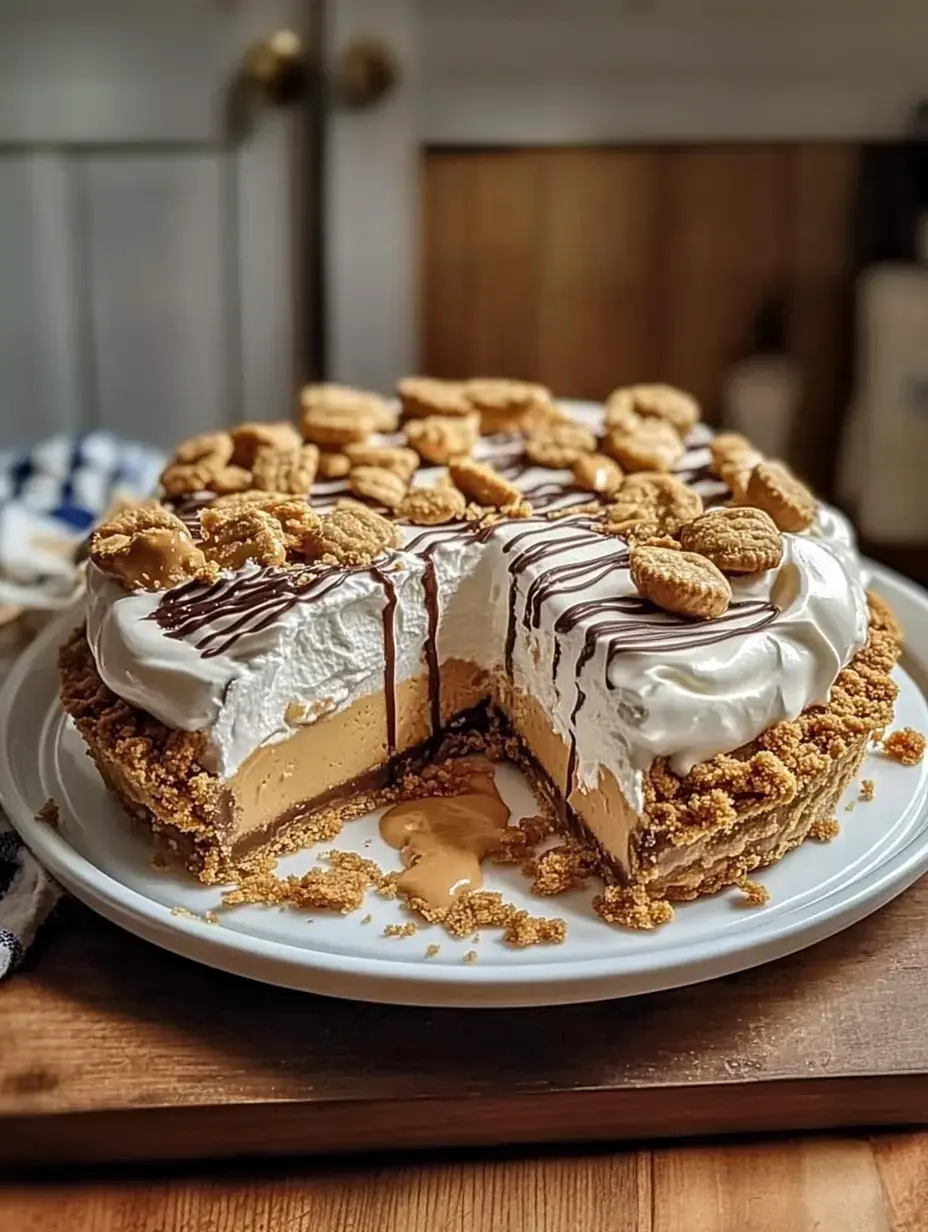 A sliced dessert with a crumbly crust, creamy caramel filling, whipped topping, and chocolate drizzle is placed on a white plate, surrounded by scattered crumbs and cookies.