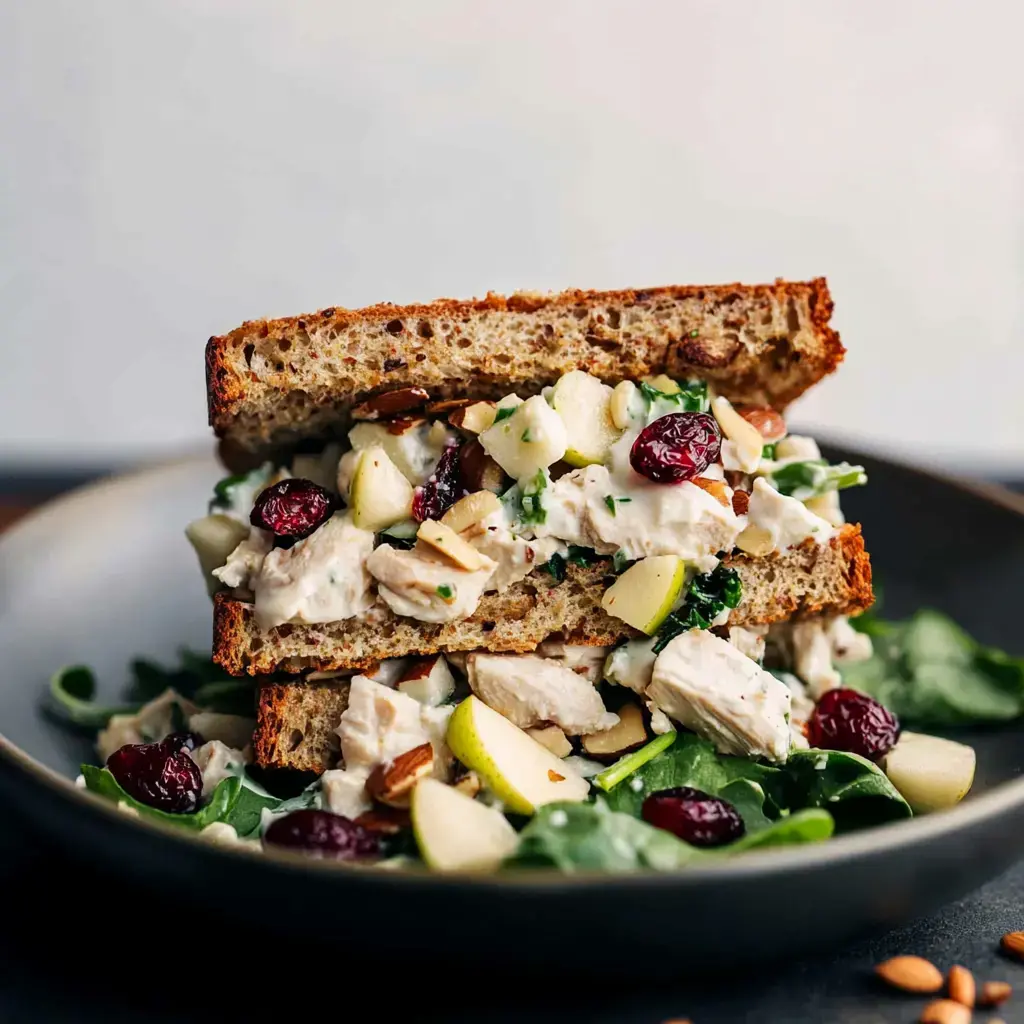 A close-up of a stacked sandwich made with whole grain bread, filled with chicken salad, chopped apples, almonds, and cranberries, served on a plate with spinach leaves.