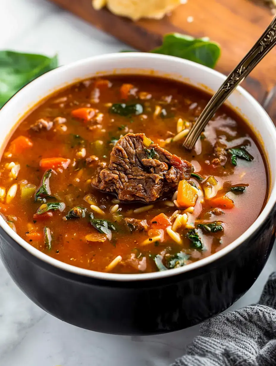 A close-up of a bowl of hearty beef and vegetable soup with a spoon resting inside.