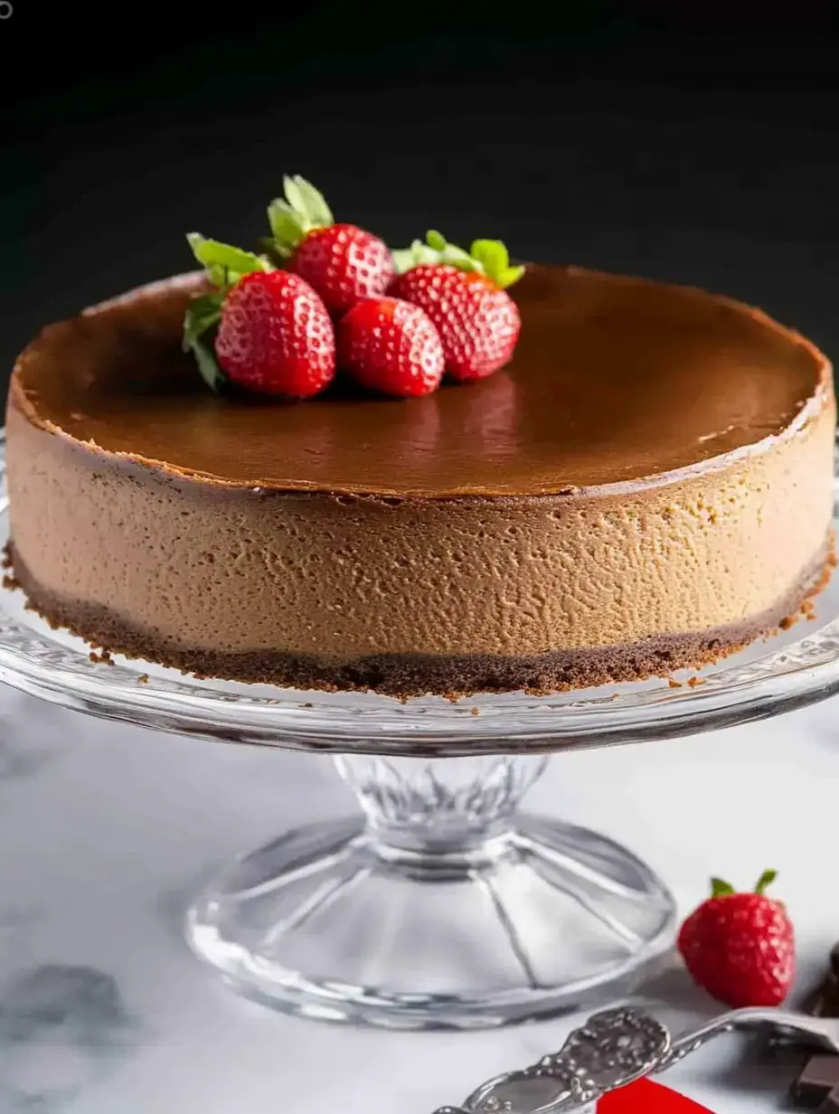 A chocolate cheesecake topped with fresh strawberries sits on a glass cake stand.