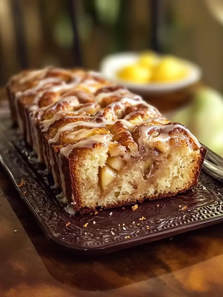 A sliced loaf cake topped with a drizzle of icing, revealing a filling of apples and cinnamon inside.