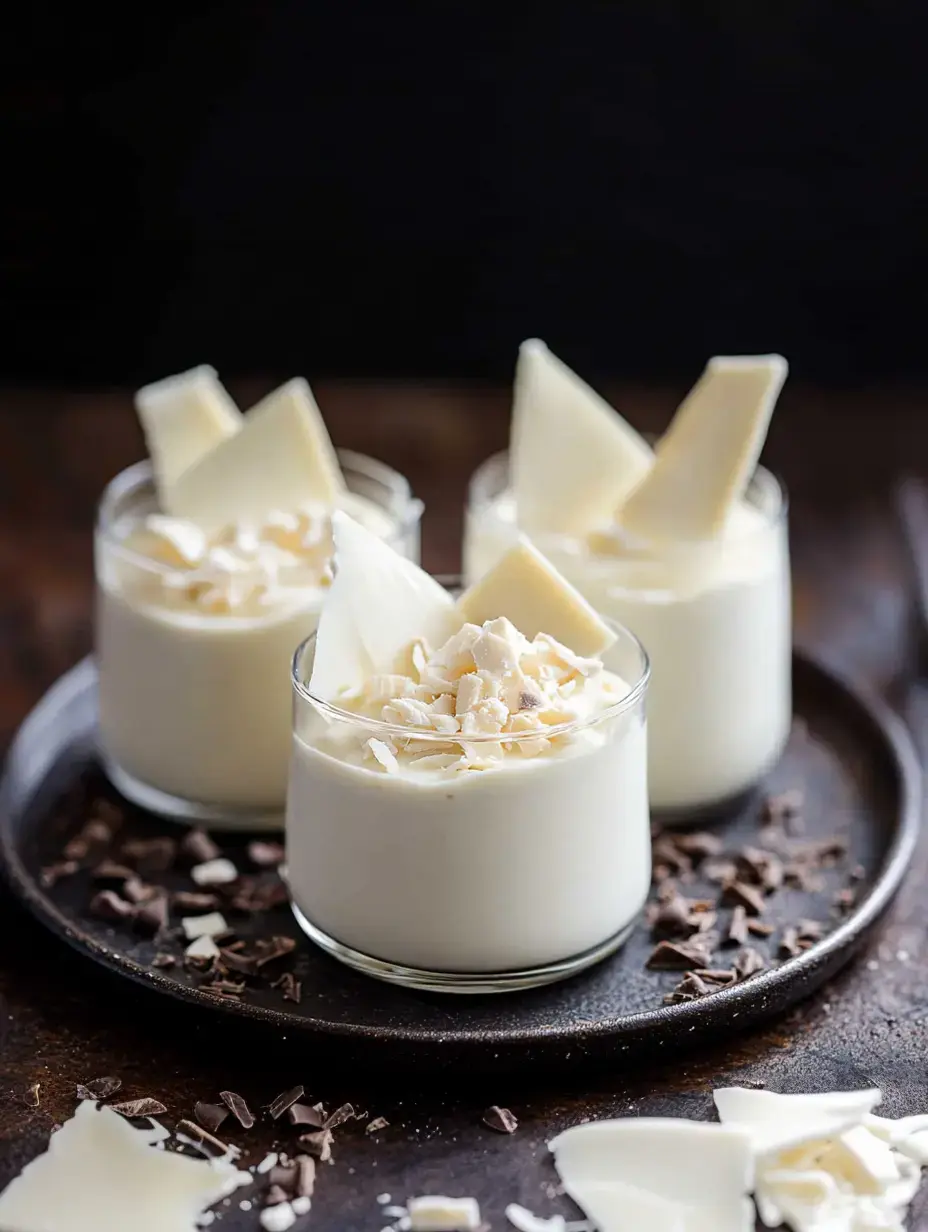 Three glasses of creamy dessert topped with white chocolate flakes and triangular white chocolate shards are arranged on a dark plate, with chocolate shavings scattered around.