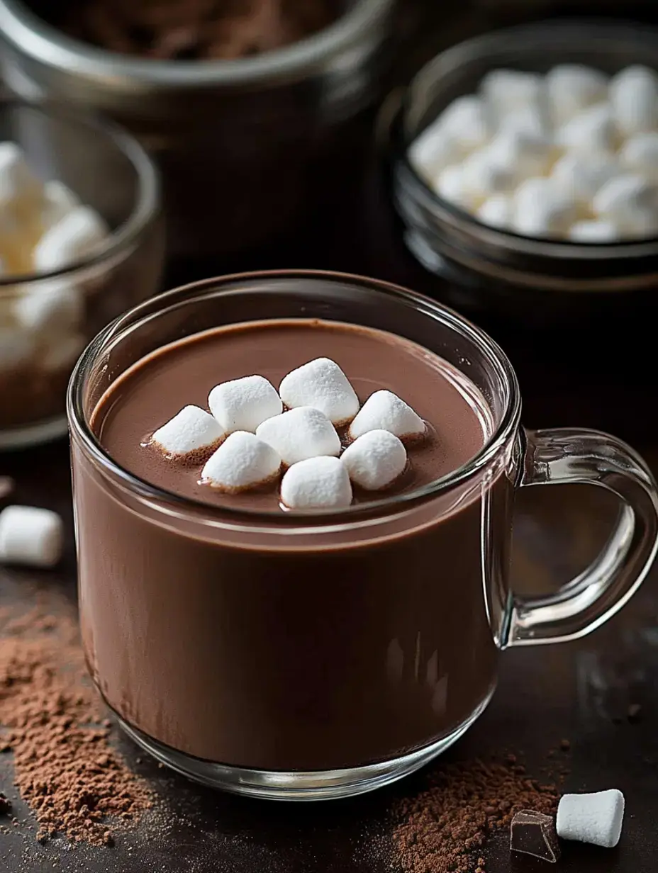 A clear glass mug filled with hot chocolate topped with marshmallows, surrounded by cocoa powder and jars of marshmallows.