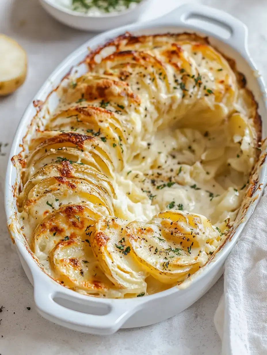 A baked dish of golden-brown, layered sliced potatoes topped with creamy sauce and garnished with herbs.