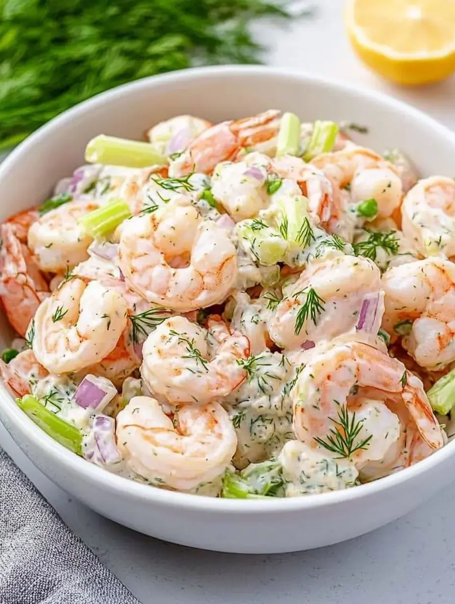 A bowl of shrimp salad mixed with celery, dill, and onions, garnished with fresh dill and a slice of lemon in the background.