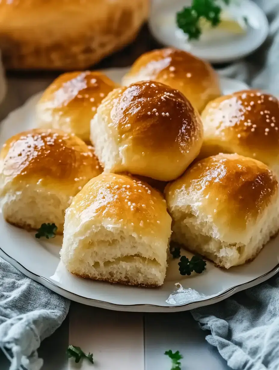 A plate of freshly baked, glossy dinner rolls with one partially cut open, surrounded by green garnishes.