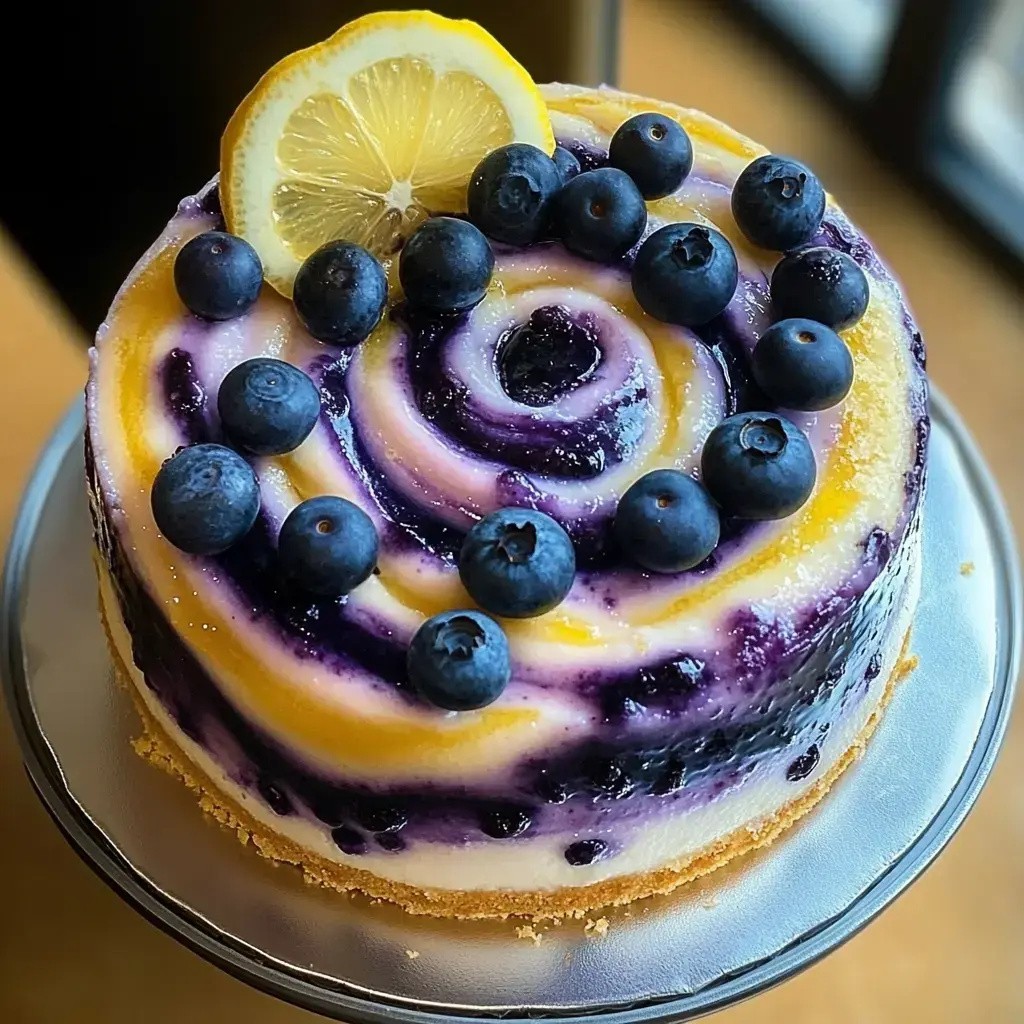 A beautifully decorated cake with a purple swirl design, topped with fresh blueberries and a slice of lemon.