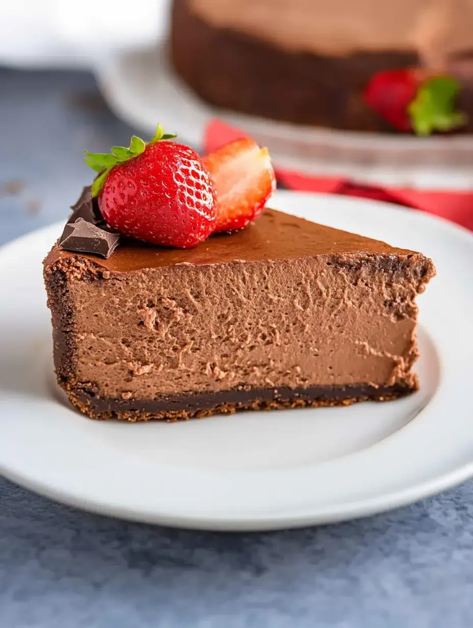 A slice of chocolate cheesecake topped with a strawberry and a piece of chocolate, served on a white plate.