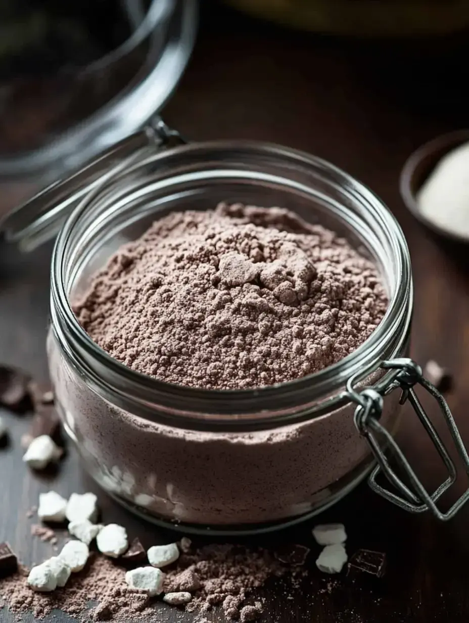 A glass jar filled with brown powdered ingredients sits on a wooden surface, surrounded by small pieces of white and dark chocolate.