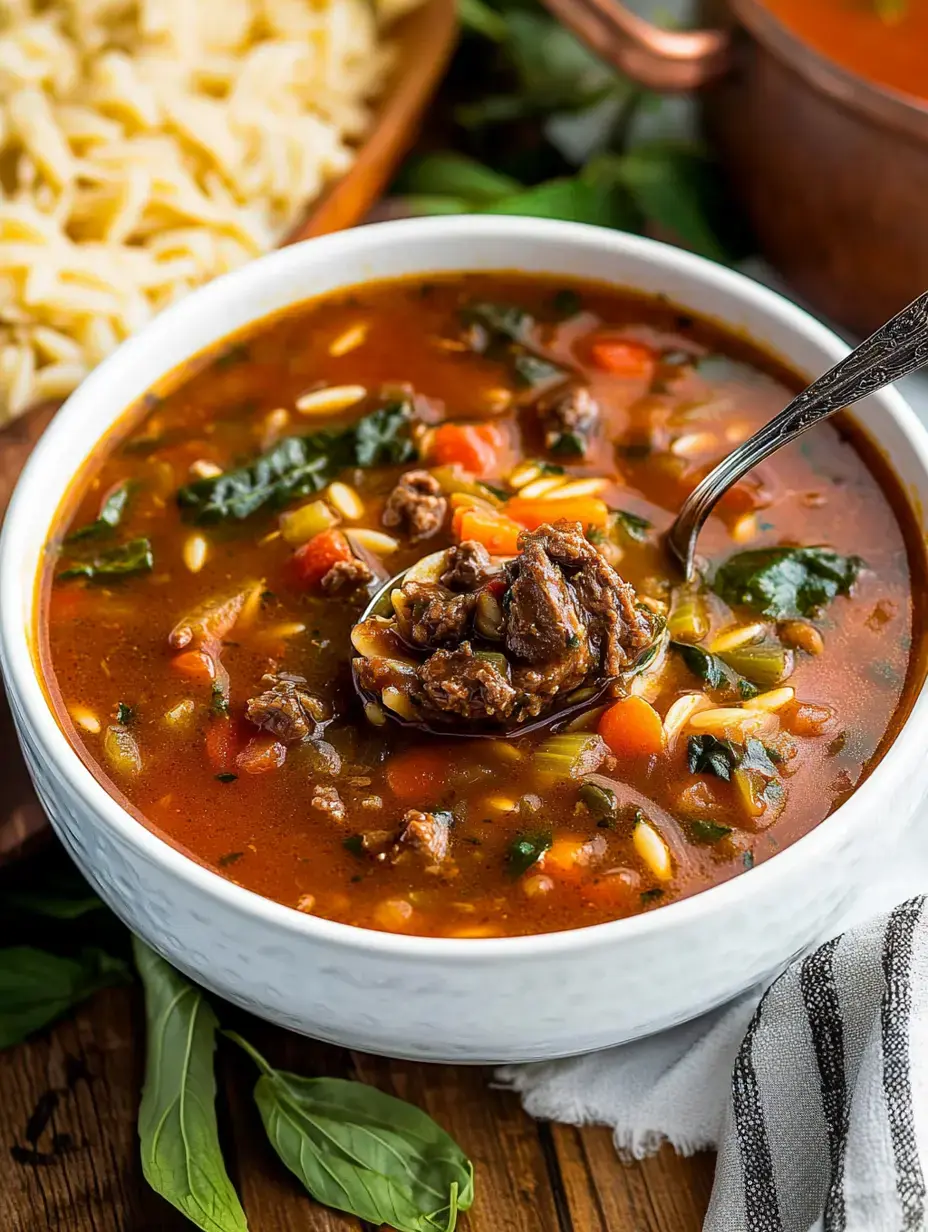 A bowl of hearty soup with chunks of meat, vegetables, and orzo, garnished with fresh basil.