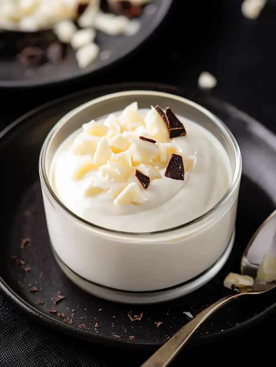 A glass container holds creamy dessert topped with white chocolate and dark chocolate shavings, set on a dark plate.