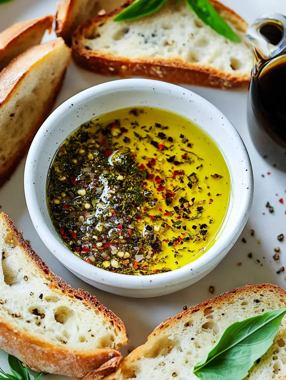 A bowl of olive oil mixed with herbs and spices is surrounded by slices of crusty bread and a drizzle of balsamic vinegar.