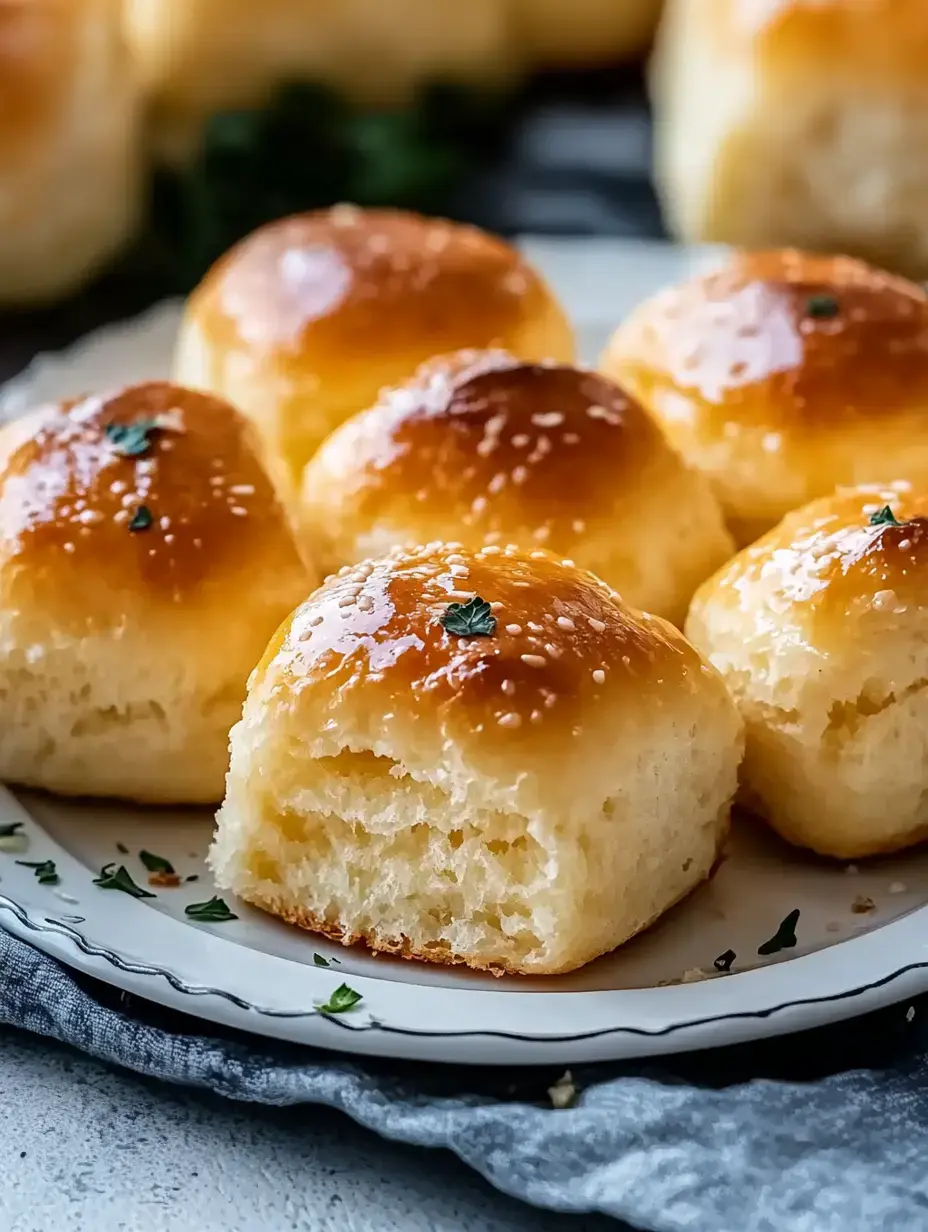 A plate of golden-brown dinner rolls, some with a bite taken out, garnished with a sprinkle of herbs.