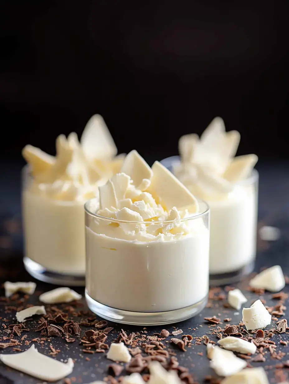 Three elegant glasses of creamy dessert topped with white chocolate shavings, surrounded by scattered chocolate bits on a dark background.