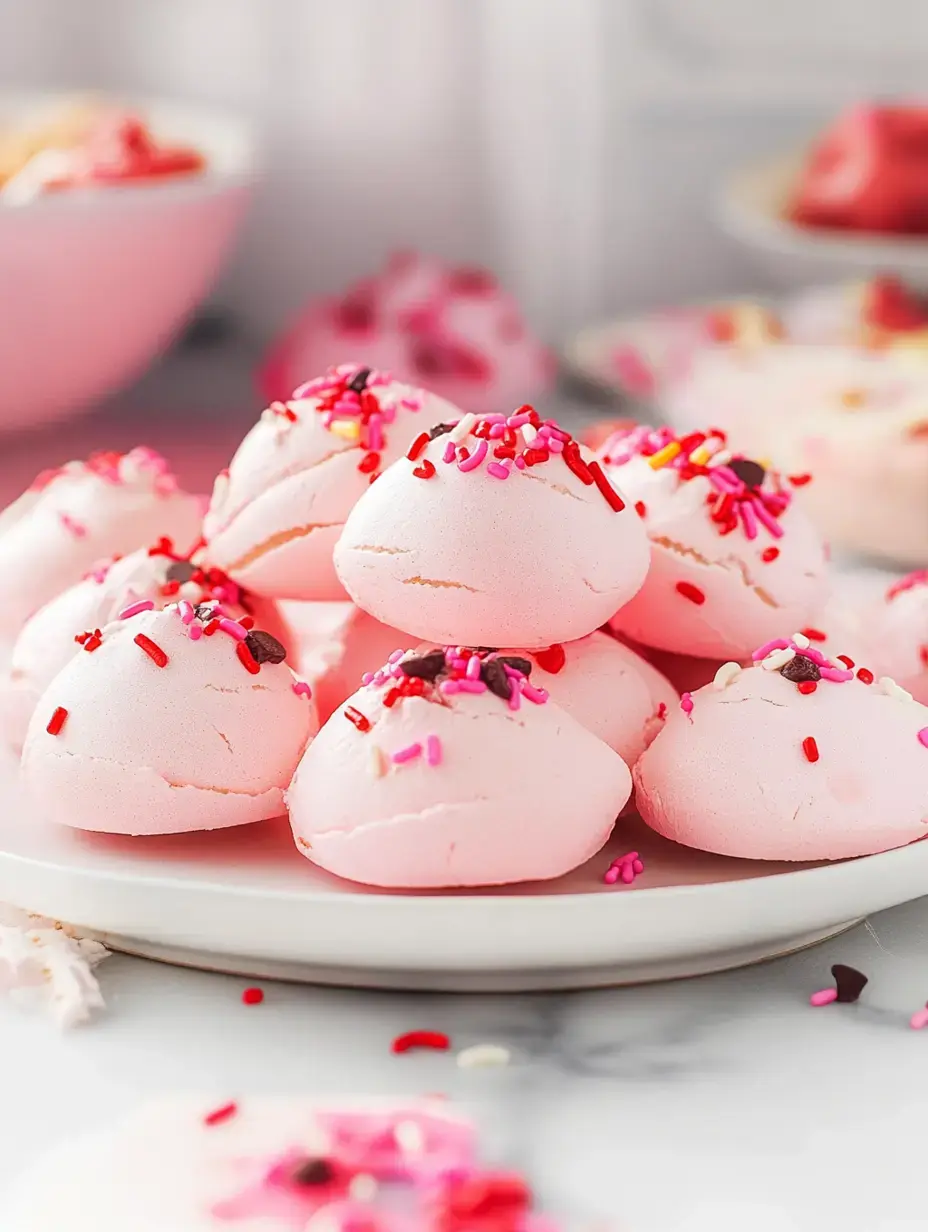 A plate of pink meringue cookies topped with colorful sprinkles, with a few more cookies scattered around.