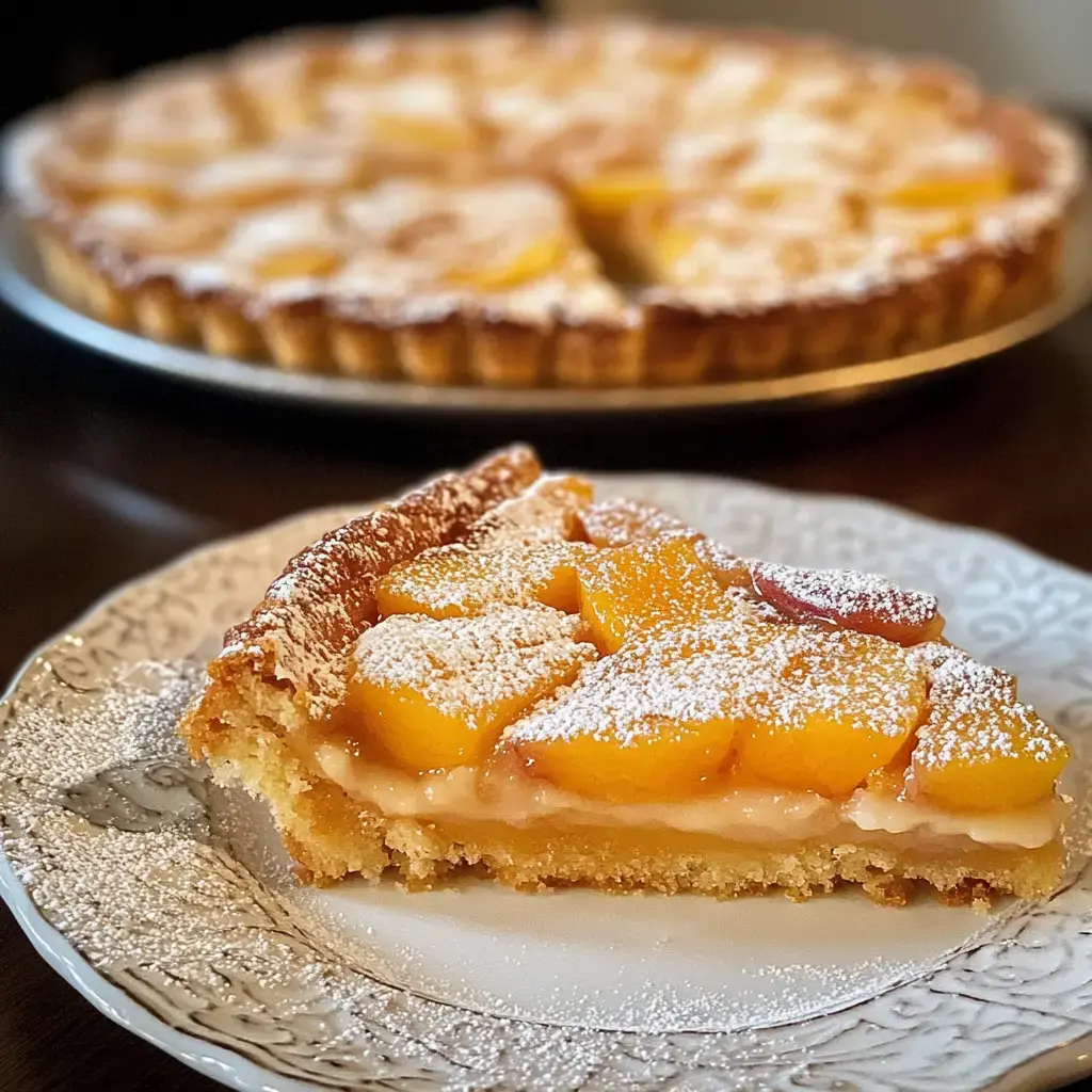 A slice of peach tart is served on a decorative plate, with the whole tart in the background, dusted with powdered sugar.