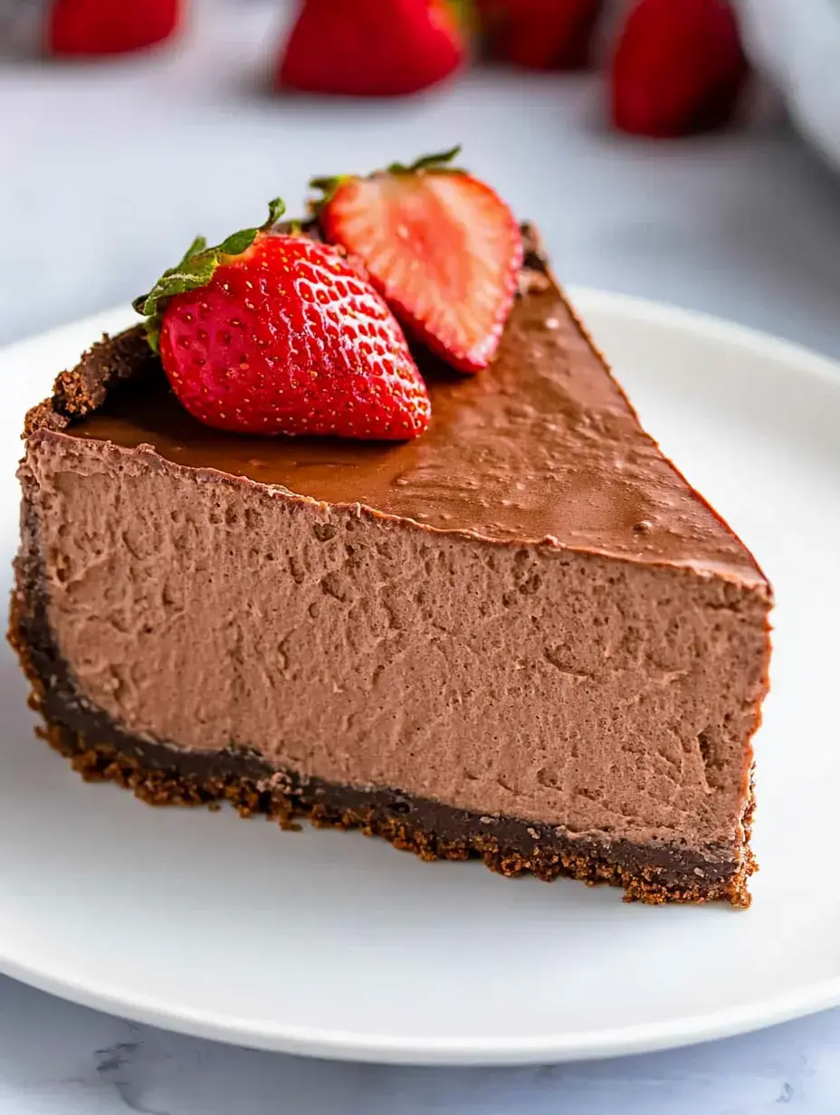 A slice of chocolate cheesecake topped with fresh strawberries sits on a white plate.