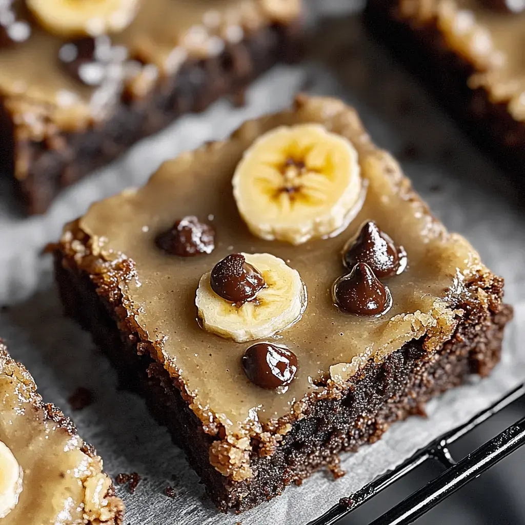 A close-up of a chocolate brownie topped with a glossy banana frosting, banana slices, and chocolate chips.