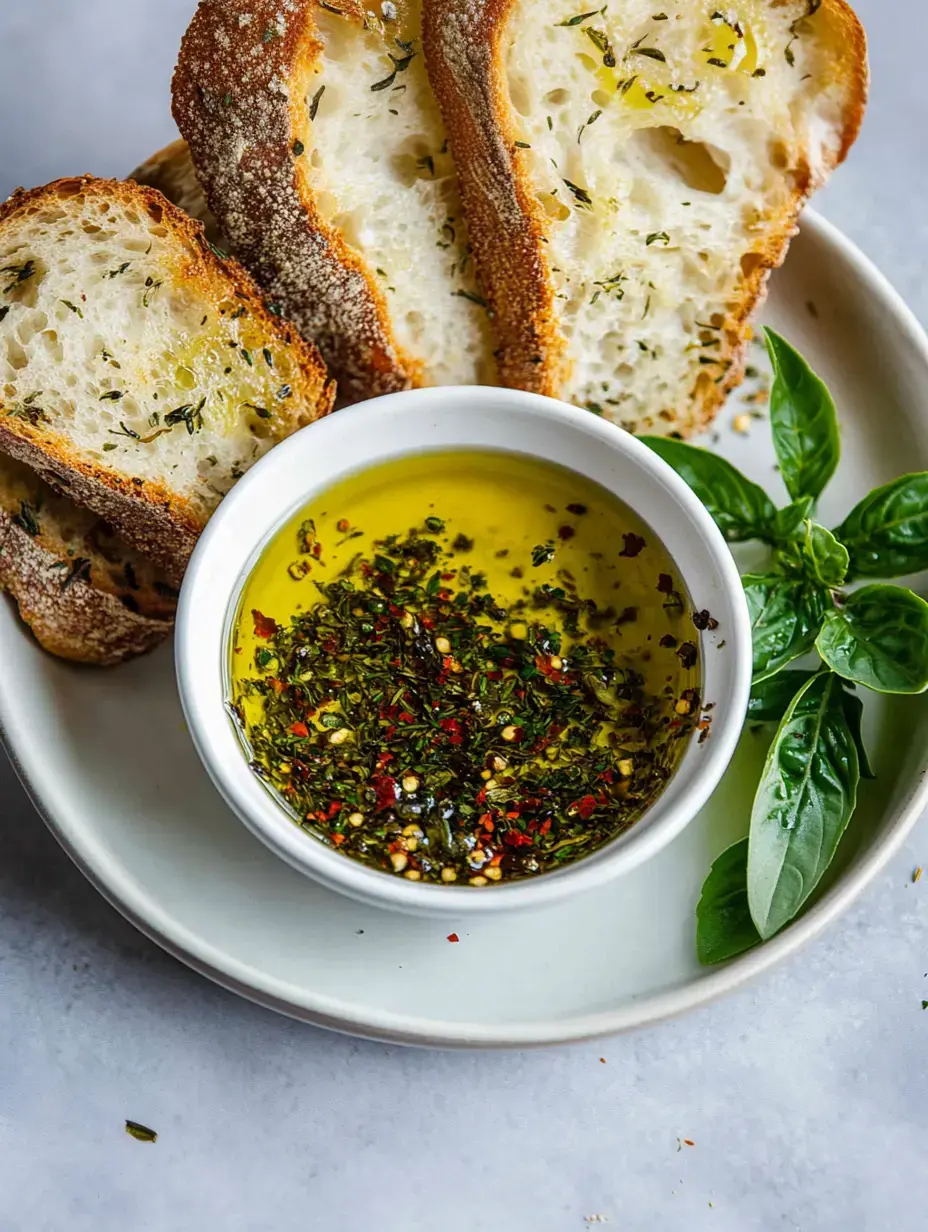 A plate featuring slices of toasted bread alongside a small bowl of seasoned olive oil and fresh basil leaves.