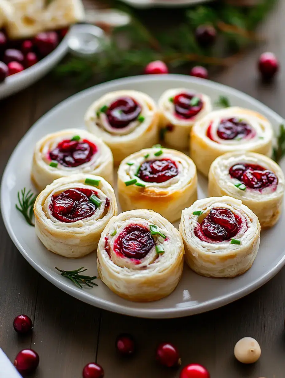 A plate of pinwheel snacks filled with cream cheese and cranberry, garnished with chopped green onions.