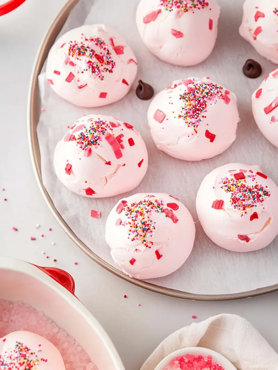 A tray of pink bath bombs, decorated with colorful sprinkles and bits of red, arranged on parchment paper.