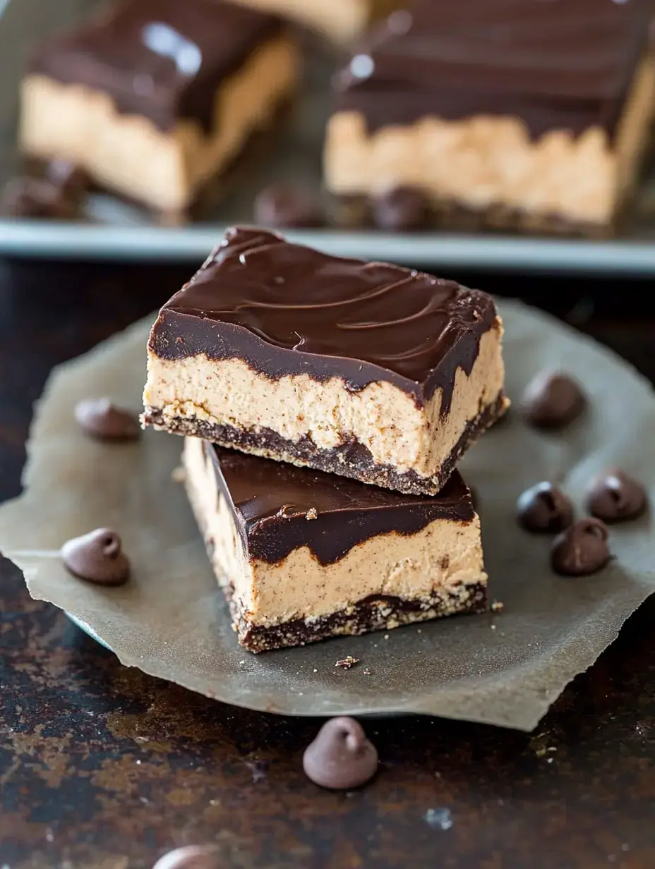 Two layers of chocolate-covered dessert bars with a creamy peanut butter filling are stacked on parchment paper, surrounded by chocolate chips.