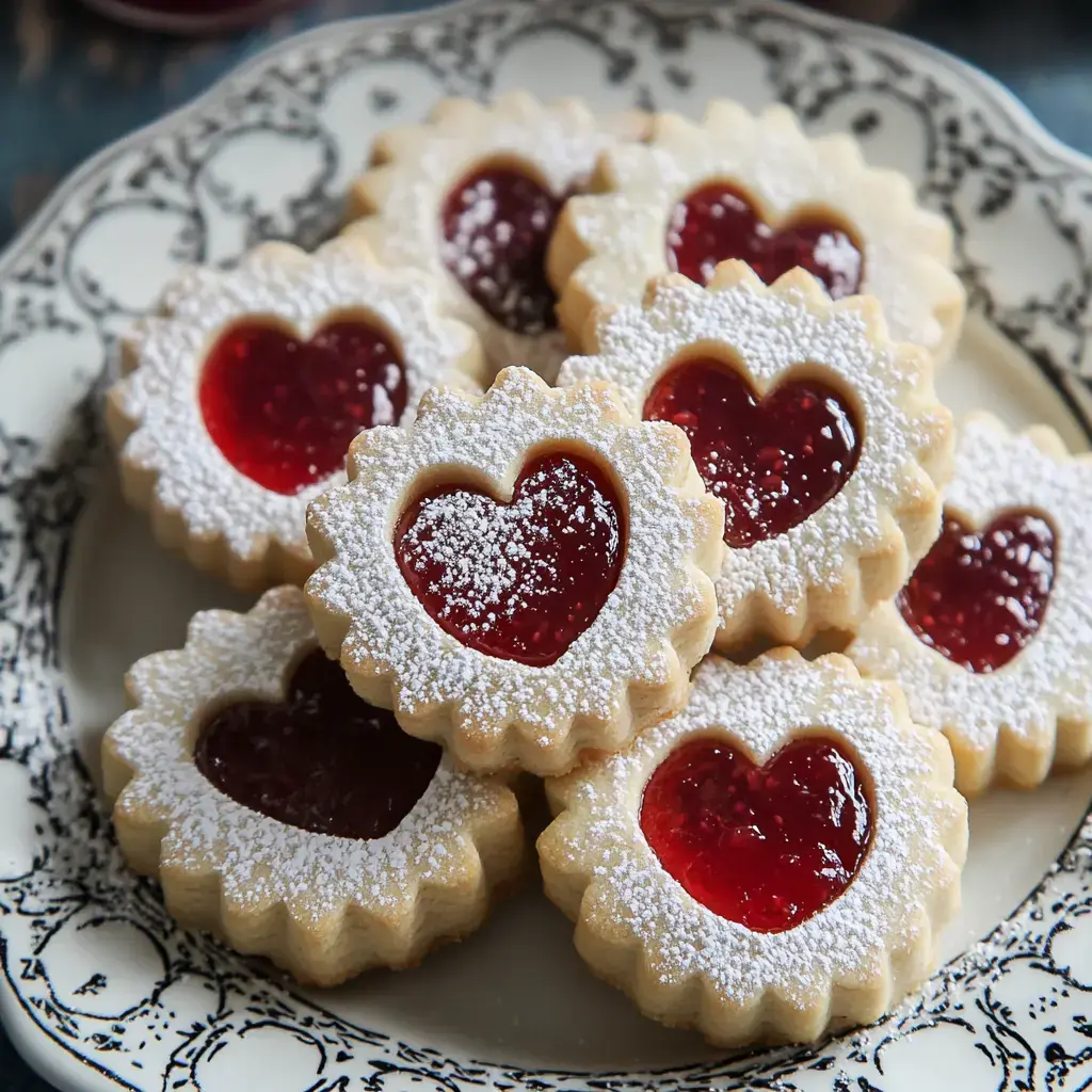 A plate of heart-shaped cookies filled with red jelly and dusted with powdered sugar.