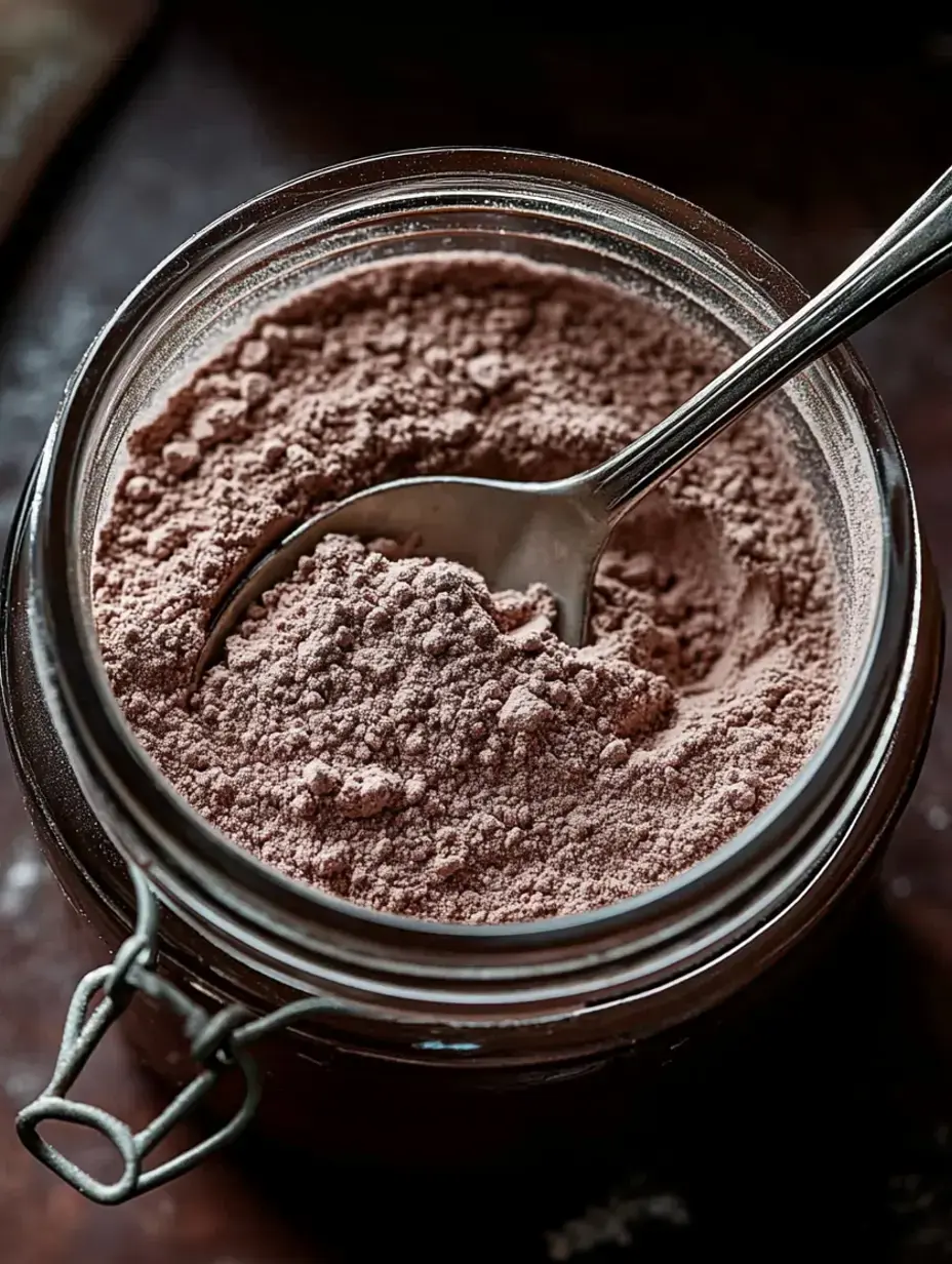 A close-up of a glass jar filled with brown powder and a metal spoon resting inside.