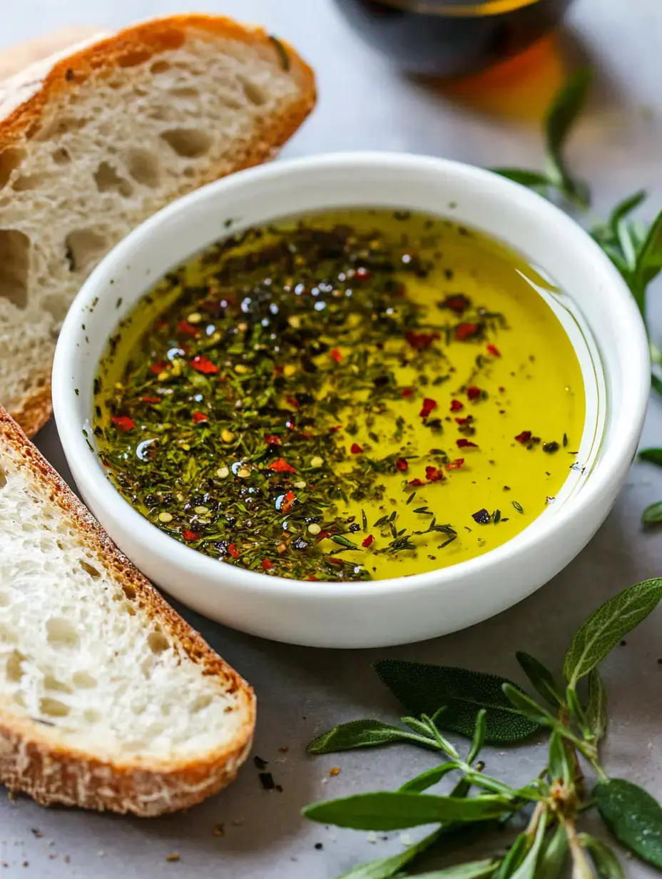 A bowl of seasoned olive oil with herbs and red pepper flakes, accompanied by slices of bread and fresh herbs.