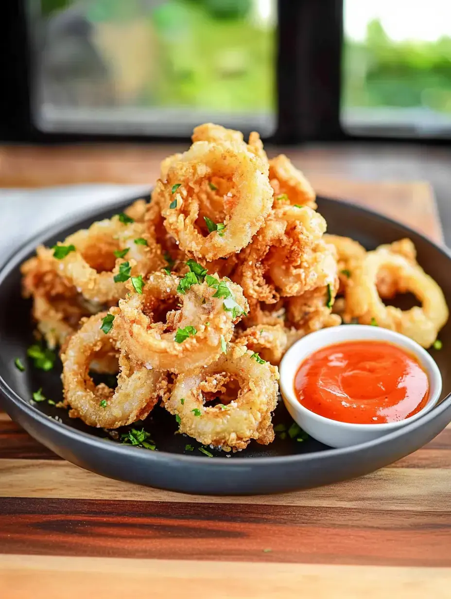 A black plate holds a pile of golden-brown fried calamari rings garnished with green parsley, accompanied by a small white bowl of red dipping sauce.