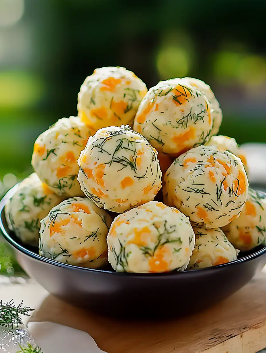 A black bowl filled with colorful, herb-coated cheese balls is stacked up on a wooden surface, set against a blurred green background.