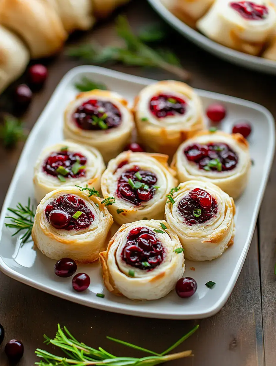 A white plate filled with spiral-shaped rolls featuring a cranberry filling and garnished with green herbs.