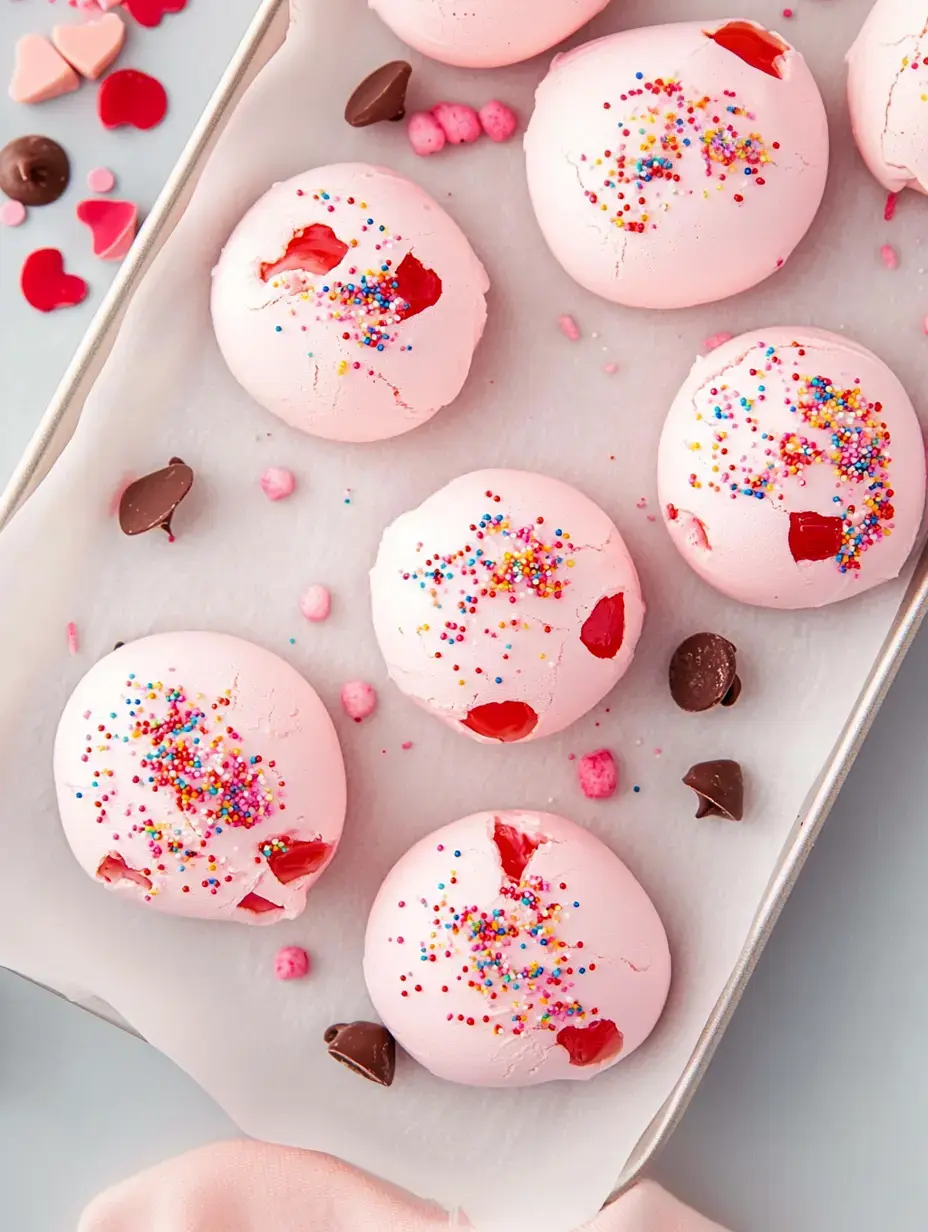 A tray of pink, cracked meringue cookies topped with colorful sprinkles and bits of red fruit, surrounded by heart-shaped candies and chocolate pieces.