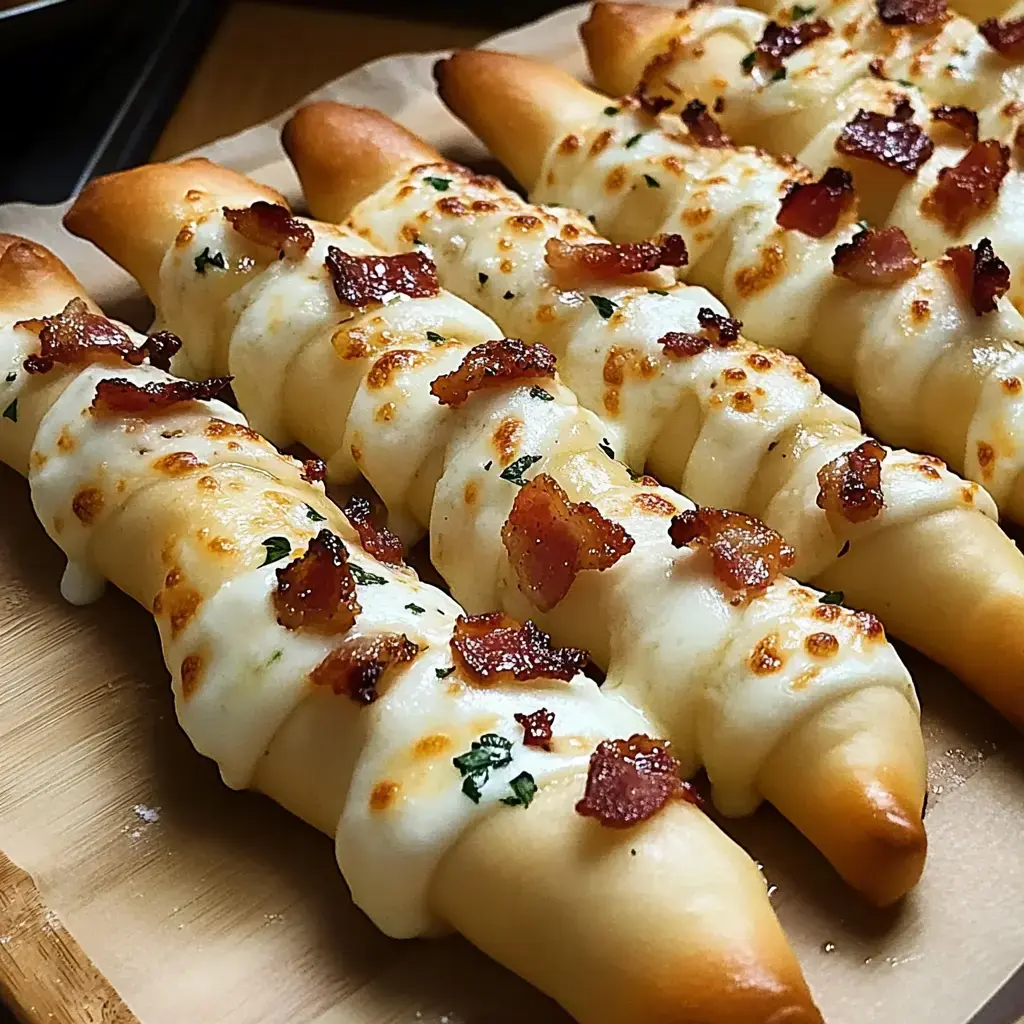 Freshly baked cheese breadsticks topped with crispy bacon and herbs.