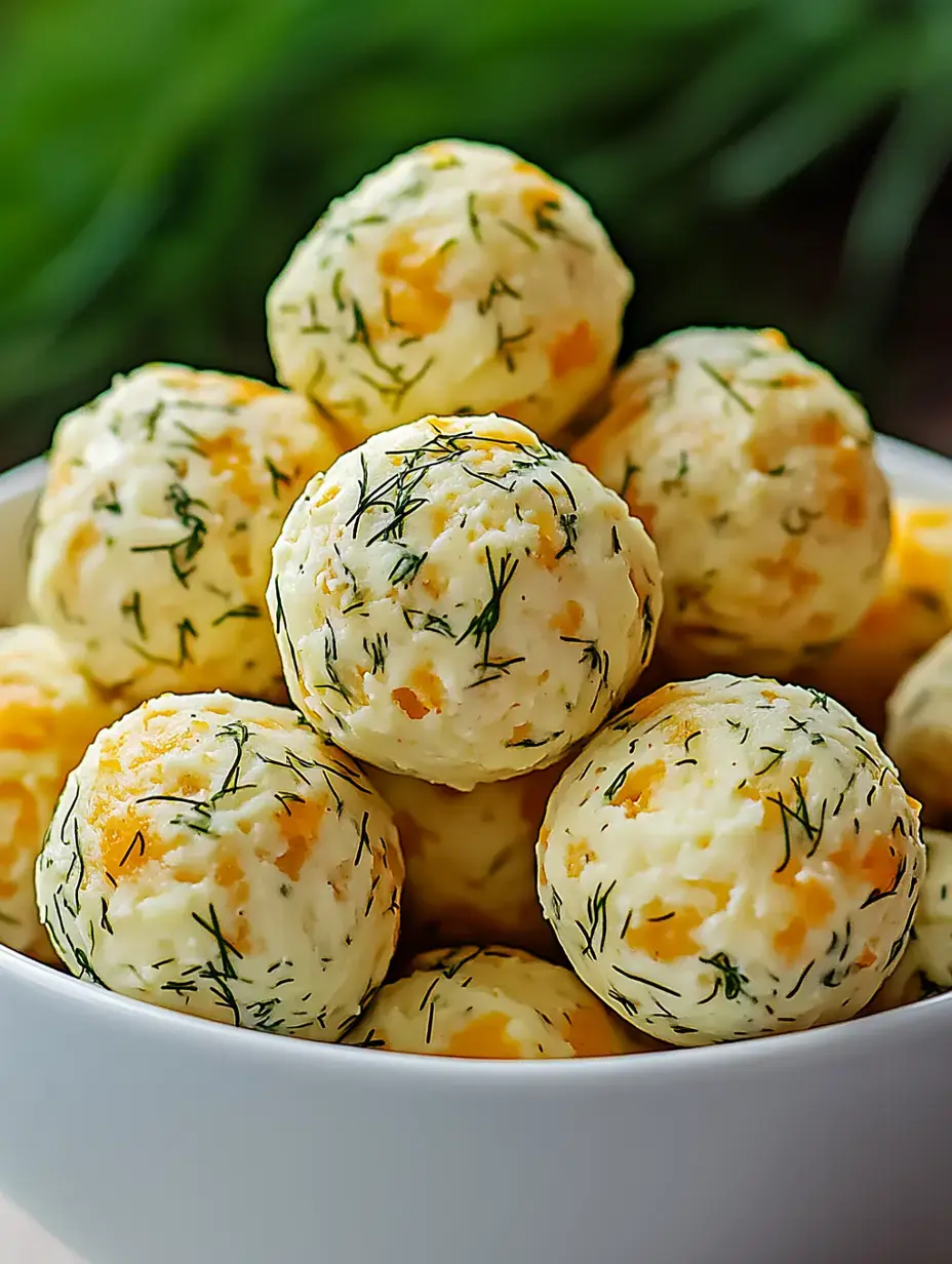 A bowl filled with cheese balls containing herbs and orange flecks.