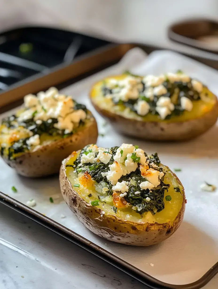 Baked potatoes are topped with sautéed greens and crumbled cheese, presented on a baking tray.