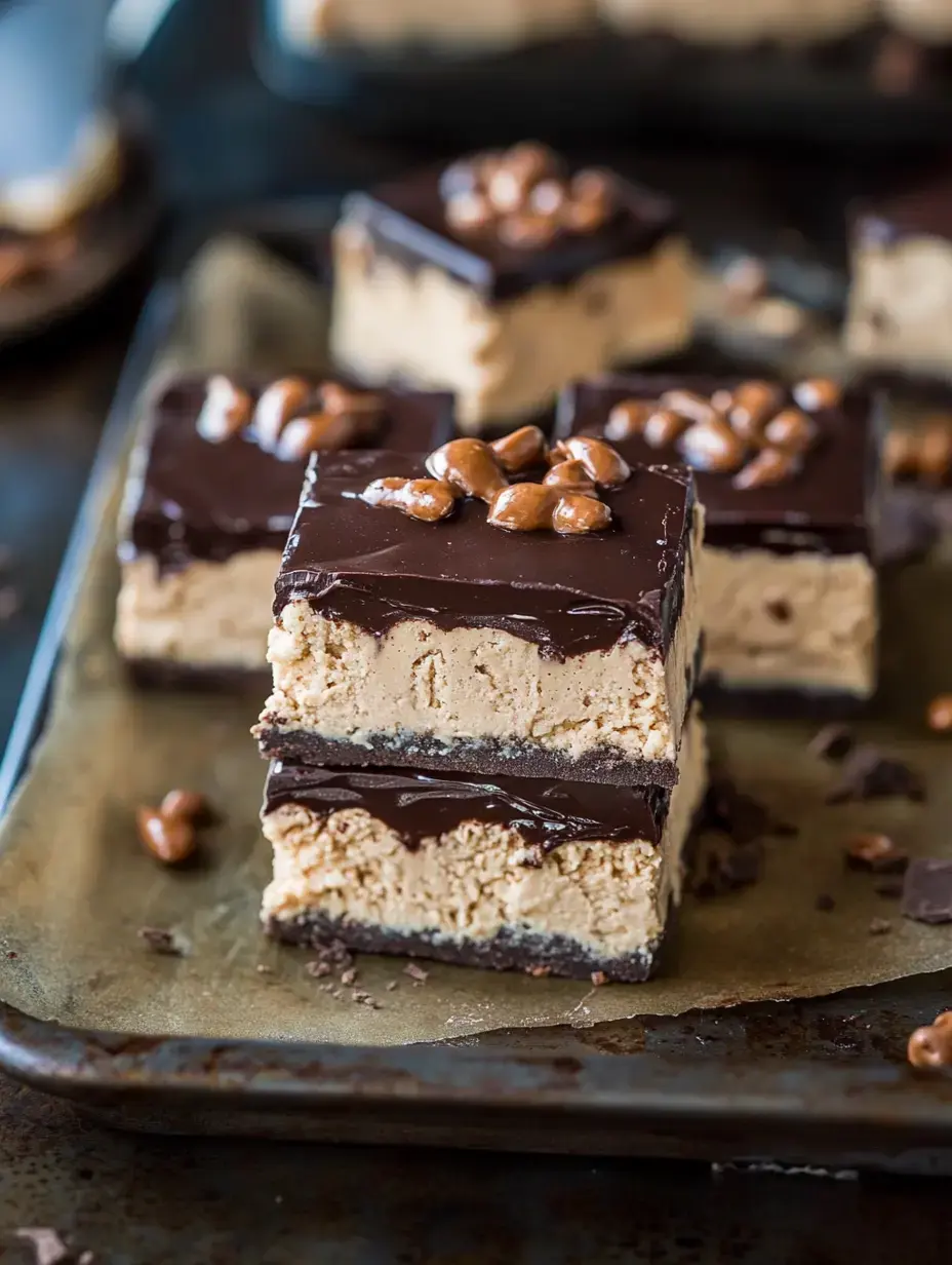 A close-up of stacked chocolate and peanut butter dessert bars garnished with chocolate chips on a dark tray.