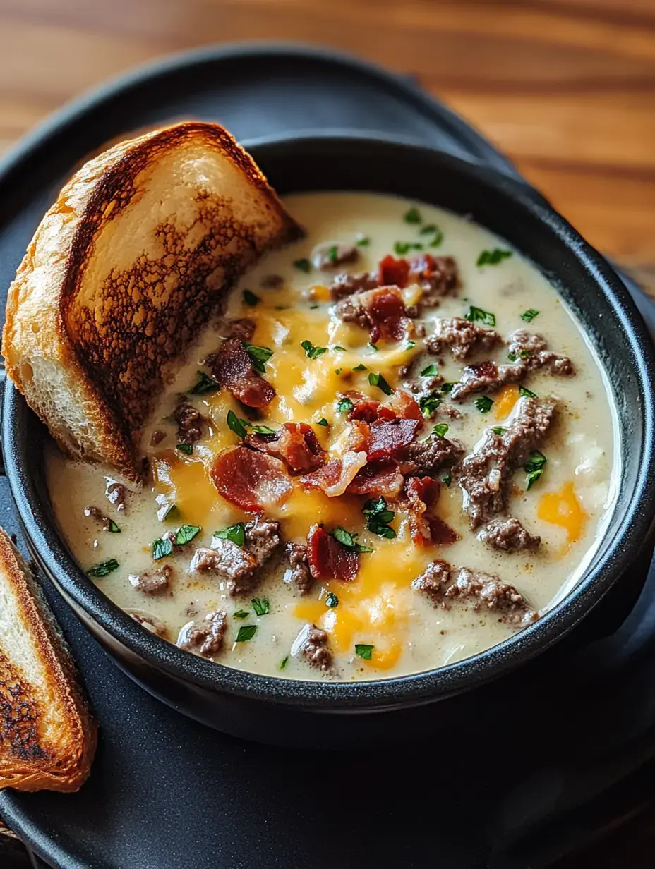 A bowl of creamy soup topped with ground beef, crispy bacon, and cheddar cheese, served with a slice of toasted bread on the side.