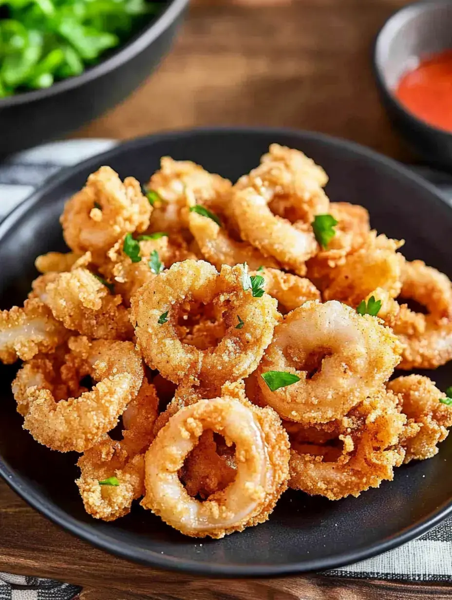 A plate of golden-brown, breaded and fried calamari rings garnished with parsley, accompanied by a small bowl of dipping sauce.