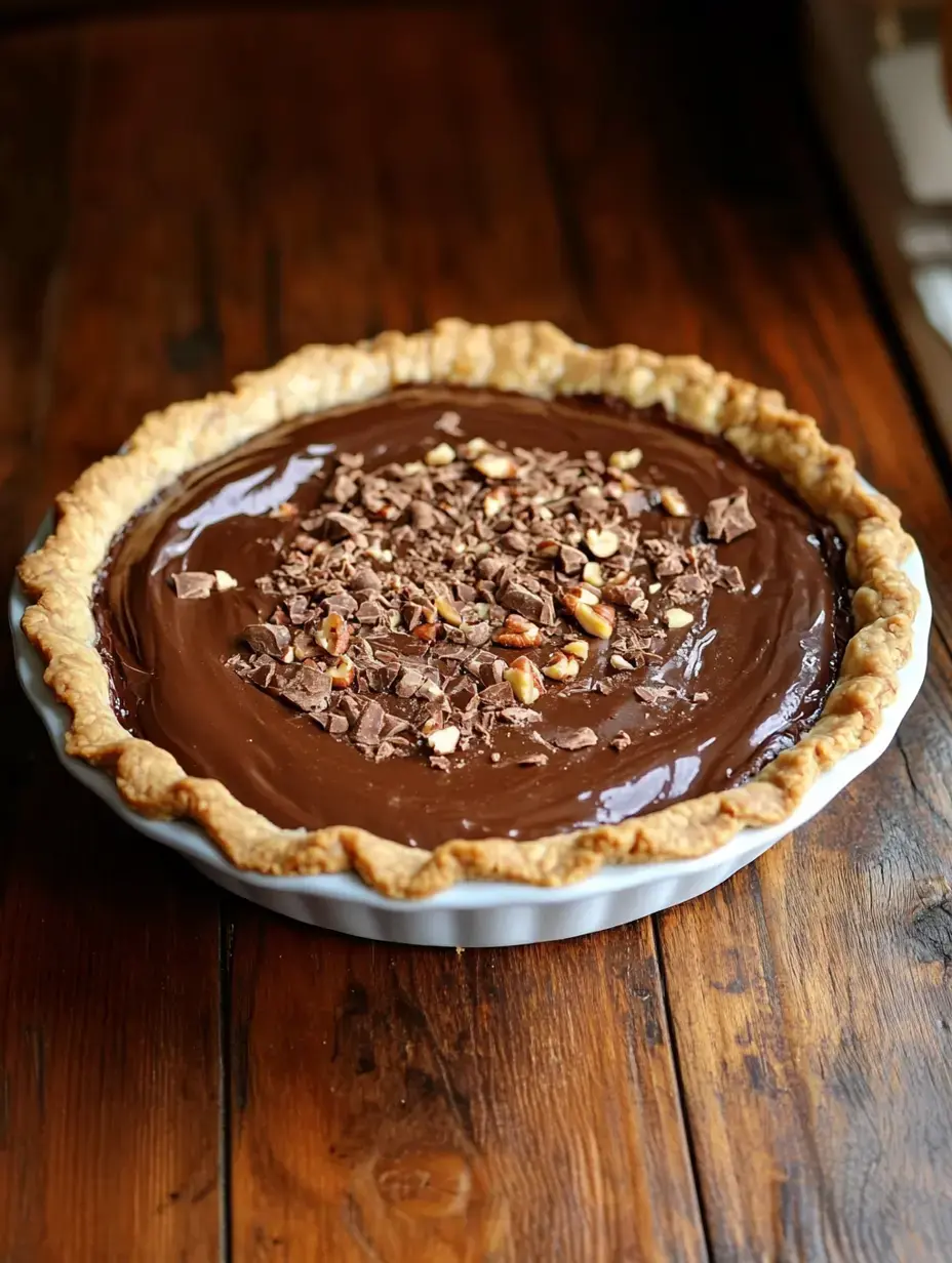 A chocolate pie topped with chopped nuts is displayed on a wooden table.