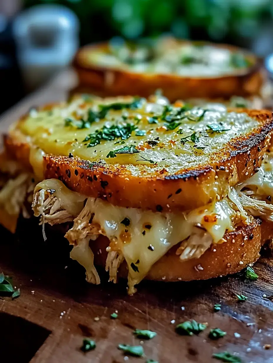 A close-up of a toasted sandwich filled with shredded chicken and melted cheese, garnished with parsley on a wooden cutting board.