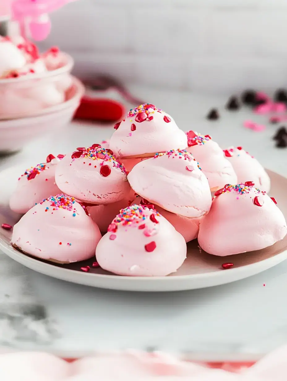 A plate of pink meringue cookies topped with colorful sprinkles and small red pieces, set against a soft-focus background.