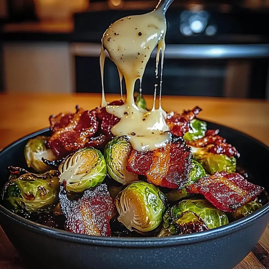 A close-up of Brussels sprouts and crispy bacon topped with a creamy sauce, served in a black bowl.