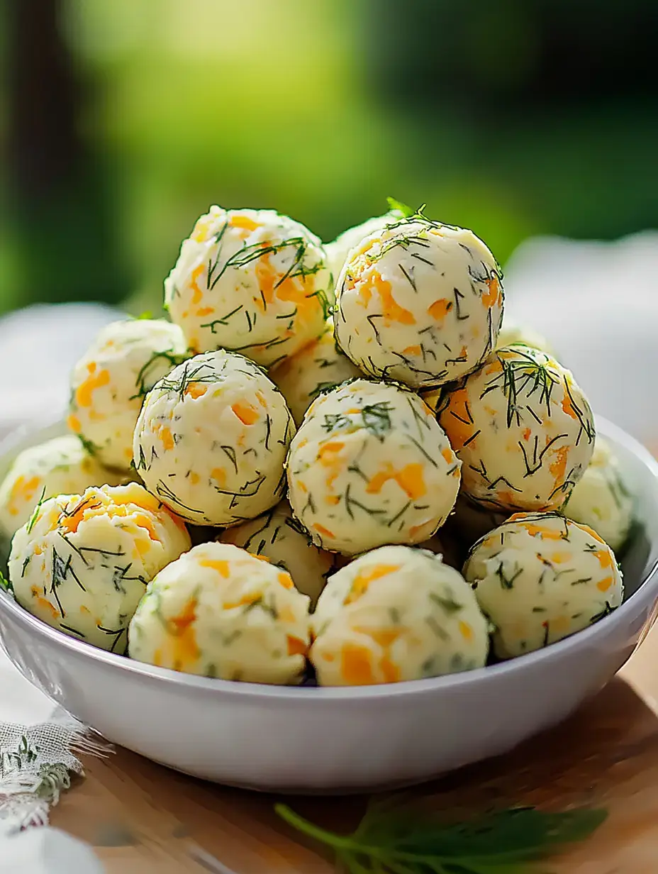 A bowl of cheese balls coated with fresh dill and visible orange bits, arranged in a visually appealing stack.