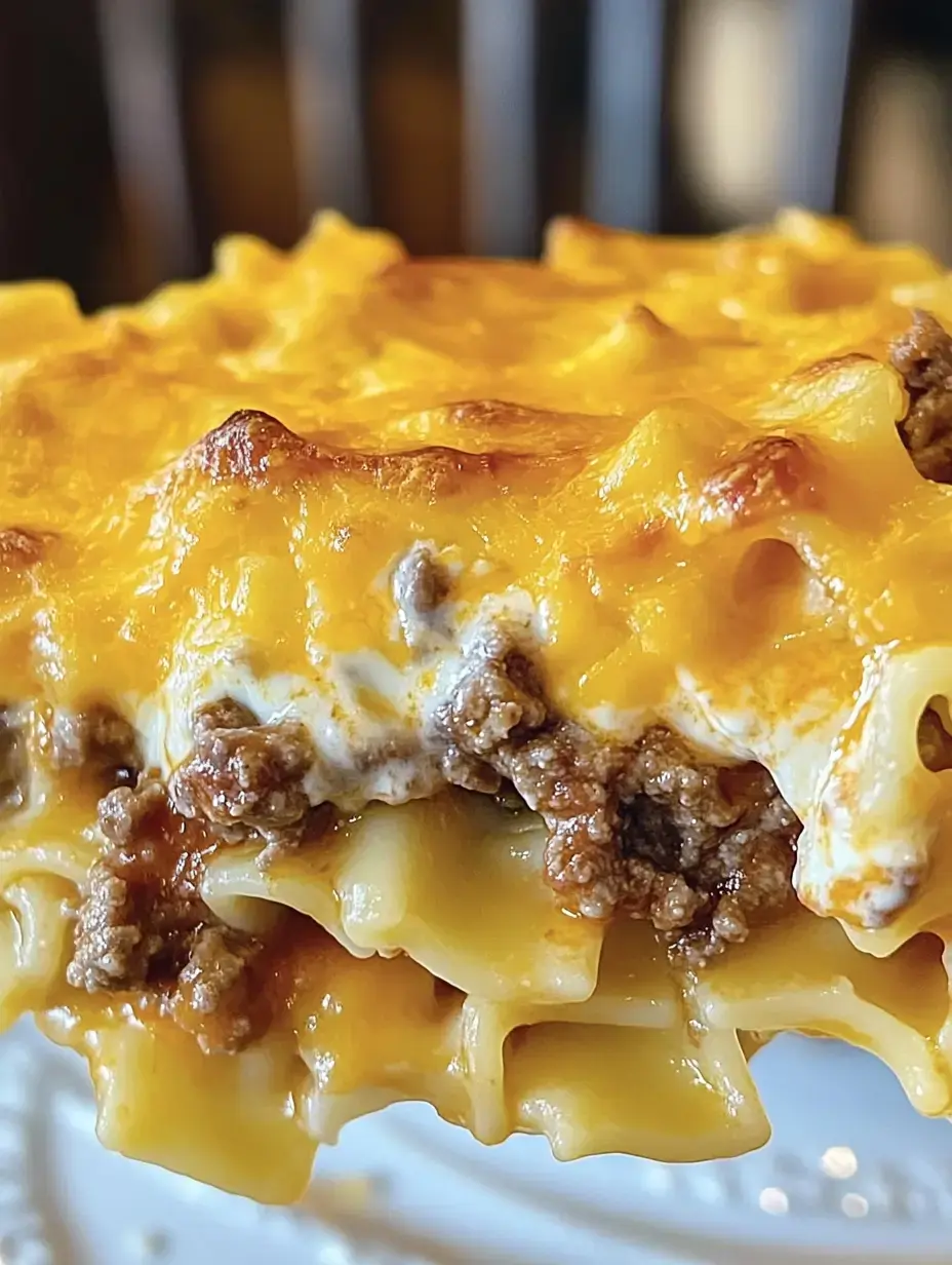 A close-up of a cheesy lasagna with layers of pasta, ground meat, and melted cheese.