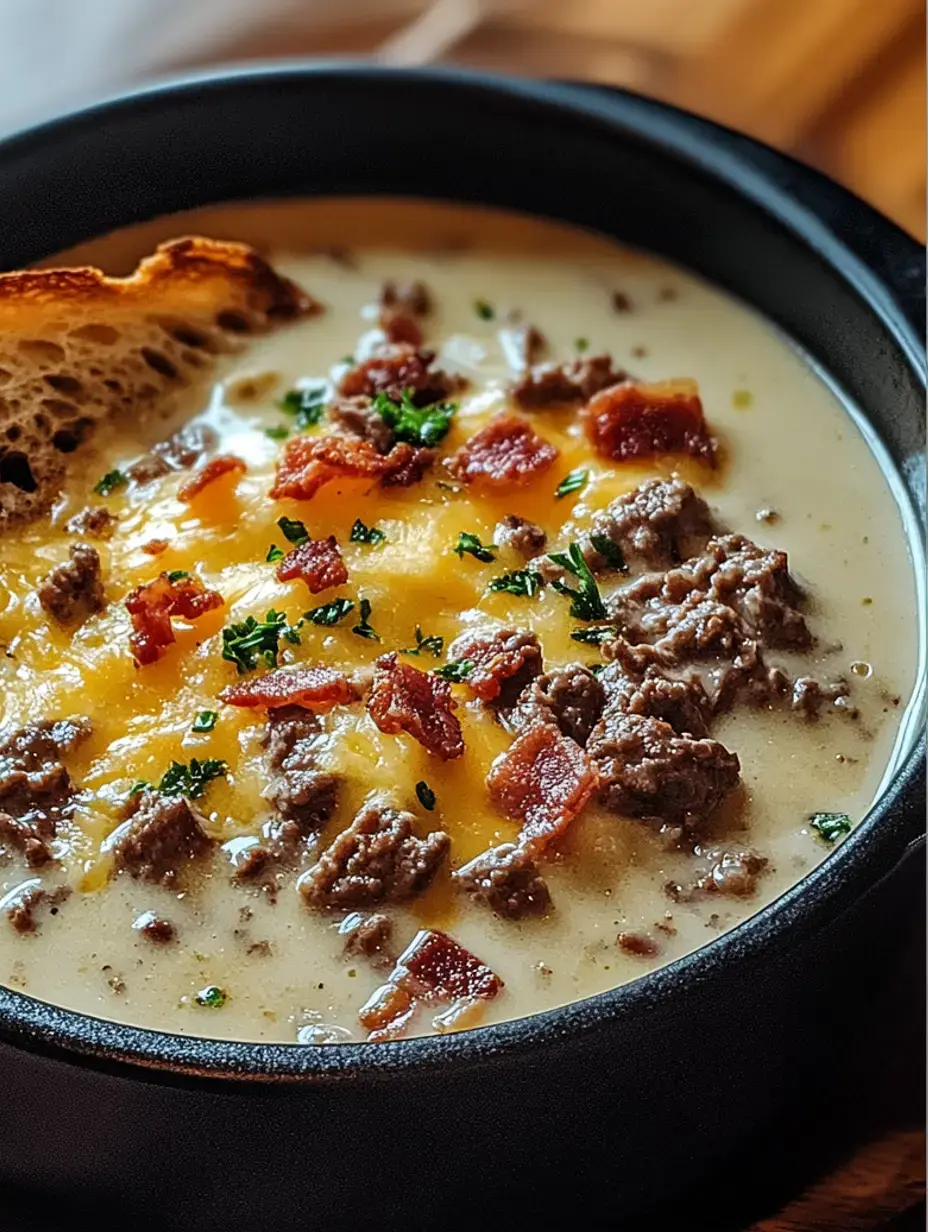 A bowl of creamy soup topped with ground beef, bacon bits, cheddar cheese, and chopped parsley, accompanied by a slice of toasted bread.