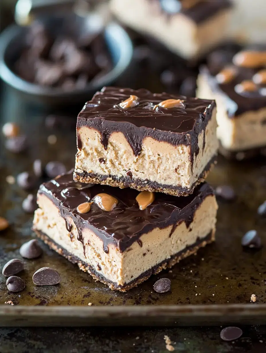 A close-up of two layered dessert bars with a chocolate ganache topping, peanut butter filling, and a crumb crust, surrounded by chocolate chips.