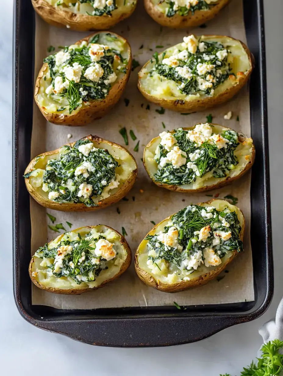 Baked potato halves are filled with a mixture of spinach, herbs, and crumbled cheese, arranged on a baking tray lined with parchment paper.