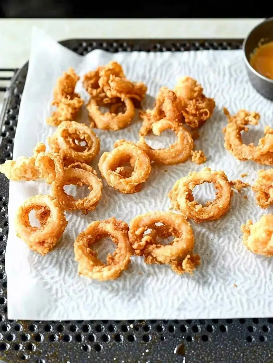 A platter of freshly fried onion rings placed on a paper towel to absorb excess oil.